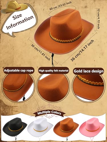 SGBETTER 4 Pack Pinch Front Cowboy Hat Novelty Western Cowboy Cowgirl Hat for Adult Halloween Cosplay Dress up Cowboy Theme Party Accessories (Black, Pink, White, Brown)