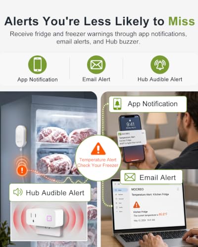 Image of MOCREO WiFi Refrigerator Thermometer with Freezer Alarm, App Email Buzzer Alerts, Power Outage Alert, Pass-Through Outlet Hub, 2 Sensors, Ultra-Flat Probe, Remote Temperature Monitor for Home Kitchen