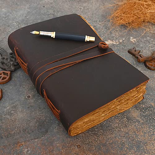 Vintage Leather Journal - Deckle Edge Rustic Paper - Best Leatherbound Pages Book Of Shadows, Grimoire, Junk Journal, Fantasy Medieval Gifts, Antique Calligraphy (Rustic Dark Brown, 12"X9" (A4)) #TOP1