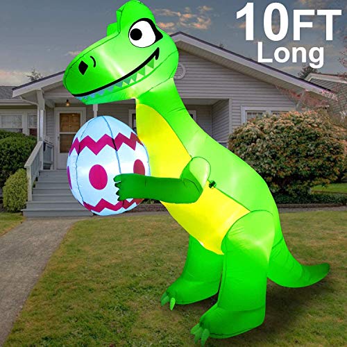 AMENON - Dinosaurio Inflable de Pascua de 305 cm de Largo, con Huevos, decoración de Pascua, decoración al Aire Libre, Dinosaurio de Pascua con Luces LED para casa, Patio, jardín, jardín
