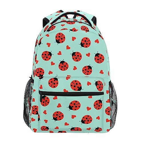 Ladybug Little Hearts Backpack Water-Resistant Lightweight Bookbags Travel Bag with Mesh Side Pockets