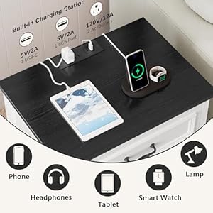 Whalefall farmhouse 3 drawers dresser with charging station white nightstand bedside for bedroom wood small end table for living room dresser chest of drawers for hallway closet dorm 1  urban country home decor
