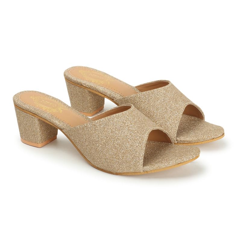 Image of DIPYO Women's Stylish Golden Block Heel Slip-On Open-Toe Sandals Comfortable & Fashionable For Wedding & Party