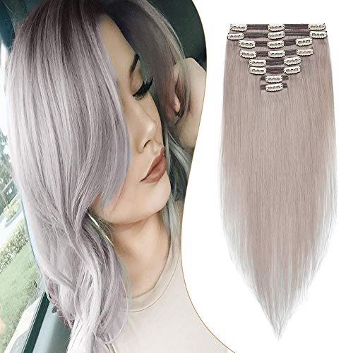 Image of Benehair 18inch 140g Clip in Hair Extensions Real Human Hair Highlighted Grey Thick Double Weft for Women Remy Hair Seamless 18 Clip ins 8pcs Long Straight Hairpieces for Full Head
