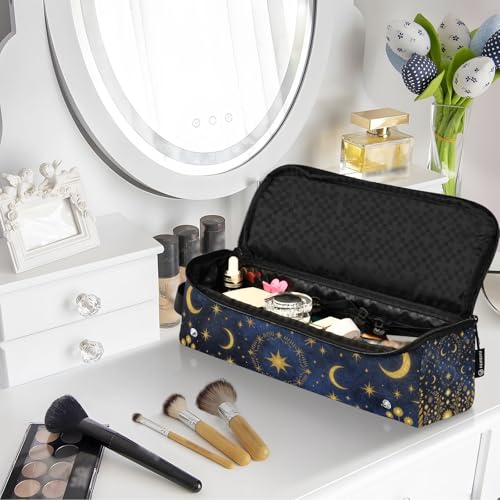 Bolsa organizadora de viaje para herramientas de cabello con tapete resistente al calor, ideal para planchas, rizadores y secadores pequeños. Diseño celestial azul marino con luna y estrellas para mujeres. miniatura 7