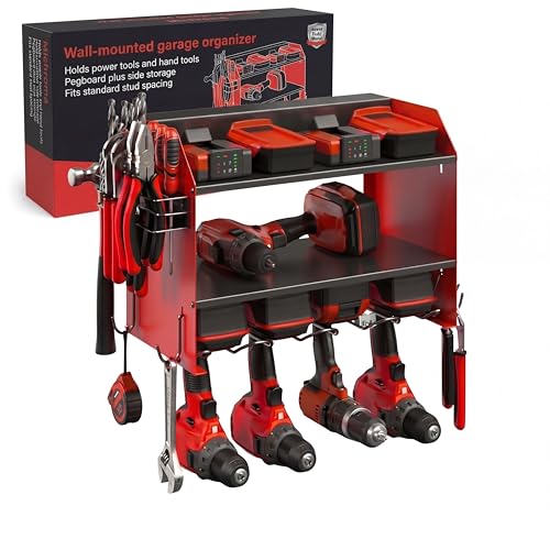 marlimoon Heavy Duty Power Tool Organizer – 4 Drill Holders, Pegboard, Side Racks – Garage Storage Rack for DIYers – Metal Power Tool Shelf, Easy Install – Red