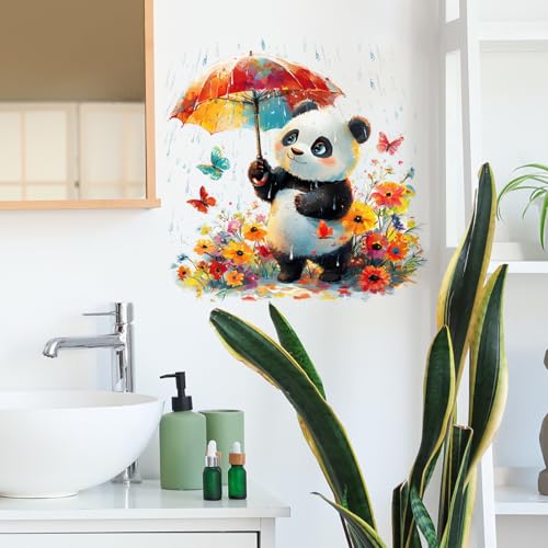 Vinilo decorativo infantil panda con paraguas y flores miniatura 3