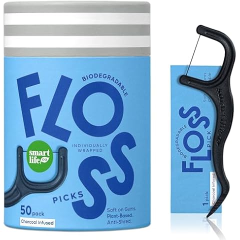 Individually Wrapped Dental Floss Picks - Biodegradable Plant Based Flosser Handle & Packaging | Natural Charcoal Teeth Whitening | Toothpick Stick Soft On Gums & Teeth | Eco Friendly & Zero Waste Cover