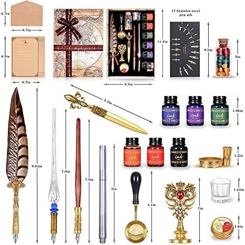 Nc Quill Pen Ink Set,Includes Quill Pen,Wooden Dip Pen,Glass Dip Pen,6 Bottles Ink,8 Letter Paper,1 Envelope,17 Replaceable Nibs,1 Bottle Of Fire Lacquer Wax,Spoon,Seal Stamp,Candle,Pen Holder, Cup. #TOP1
