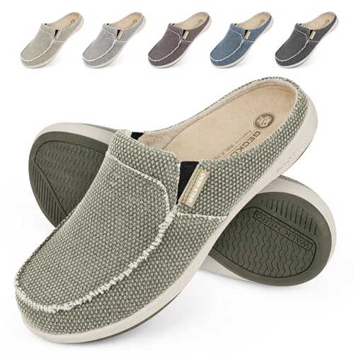 Mens Orthopedic Slippers with Arch Support Canvas House Slipper for Men with Suede Insole and Velvet Lining Slip on Clog House Shoes with Indoor Outdoor Anti-Skid Rubber Sole Light Olive