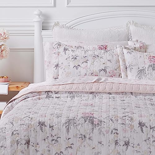 Laura Ashley Home - Breezy Floral Collection - 100% Cotton, Reversible, Lightweight & Breathable Bedding, Pre-Washed for Added Softness, Twin, Pink/Grey - Image 9