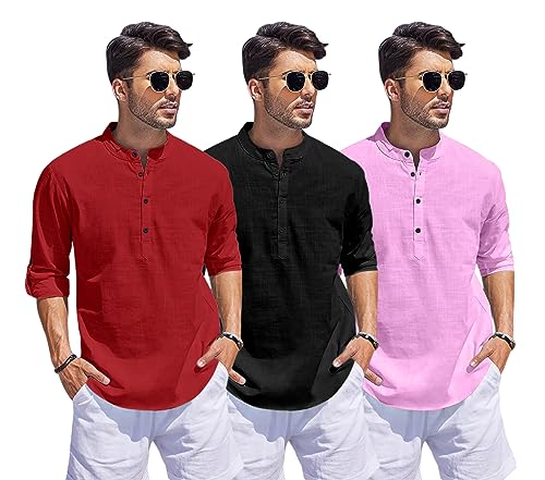 Image of Combo of Men Solid Cotton Blend Straight Kurta Shirt Pack of 3