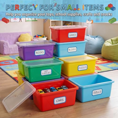 Image of Hushee 24 Pack 6 Quart Classroom Cubby Storage Bins with Lids and Labels | Fits 12 x 8 x 5 Inch Cubbies, 6 Colors and Clear Lids for Easy Storing, Durable and Stackable for Toys Books Shoes Crafts
