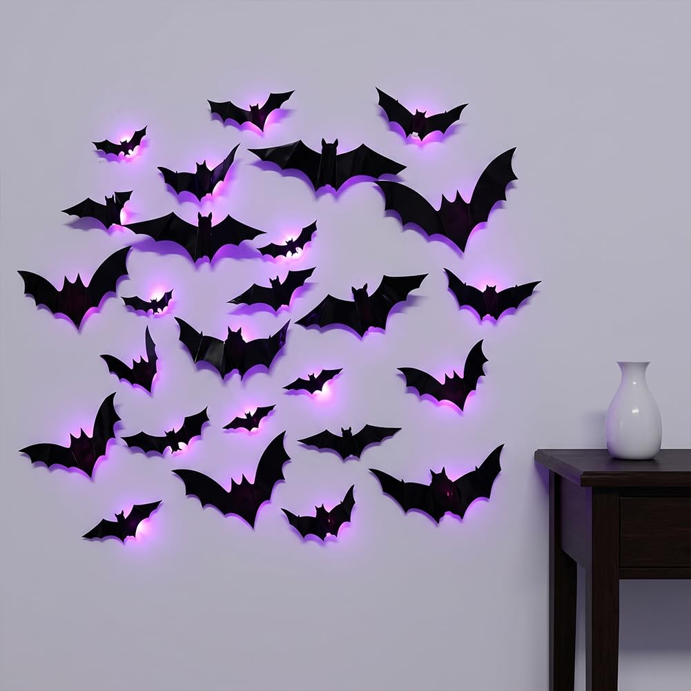 Podświetlane nietoperze 3D, zestaw dekoracji ściennych LED latający nietoperz, realistyczne naklejki ścienne, nietoperze Halloween, świecące dekoracje do wewnątrz, na zewnątrz, do domu, baru, okna