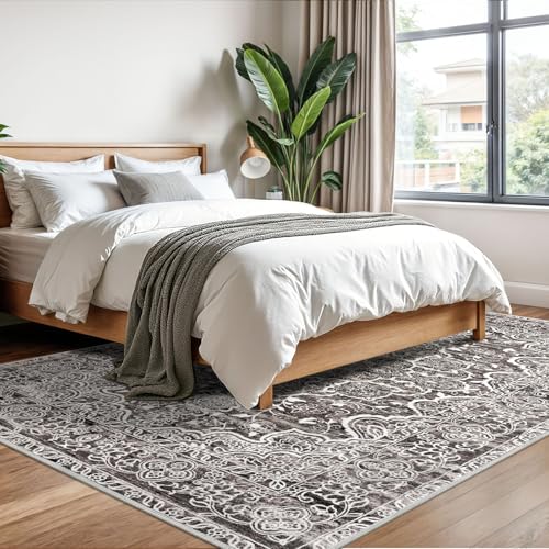 KUTA Living Room Rug 6x9 Tan, Washable Large Area Rugs 6ft x 9ft, Non-Slip Boho Printed Vintage Dining Room Carpet, Indoor Low-Pile Cozy Room Throw for Office Bedroom