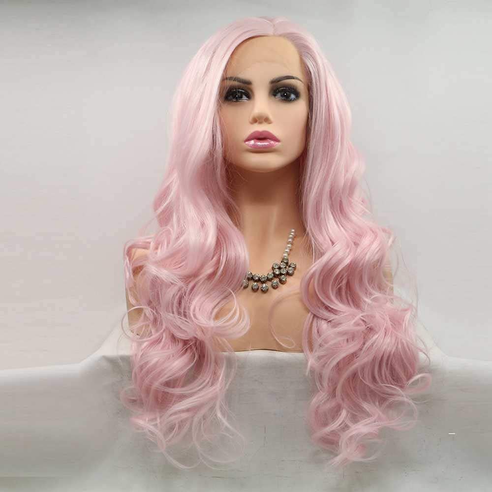 Xiweiya Long Wavy Pink Synthetic Lace Front Wig - Middle Part, Heat Resistant Fiber for Women Drag Queen - 24 Inch - Image 4