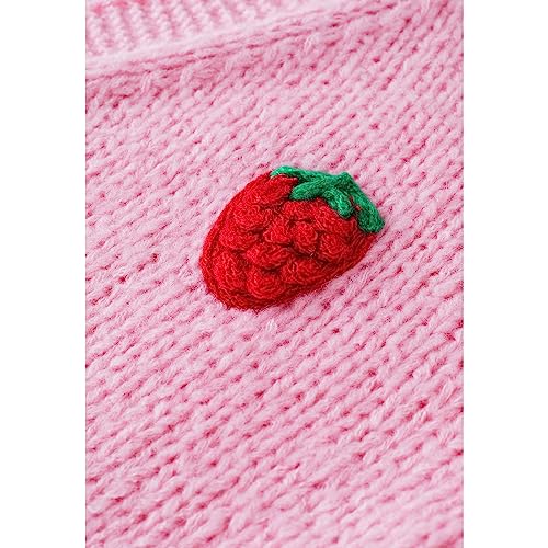 Image of CHICWISH Women's Candy Pink /Cream Stitch Strawberry Button Up Hand Knit Cardigan