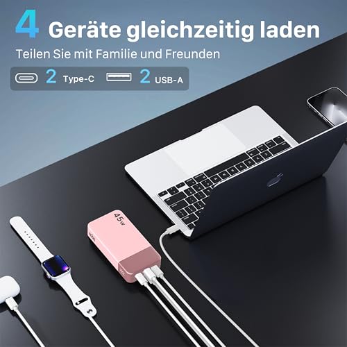 NOBIS Power Bank, Powerbank 20000mAh, 45W Externe Handyakkus Schnellladen, Externer Akku mit C zu C Kabel, Tragbares Ladegerät mit Digitalanzeige für Phone Android Laptop etc (Rosa) 4