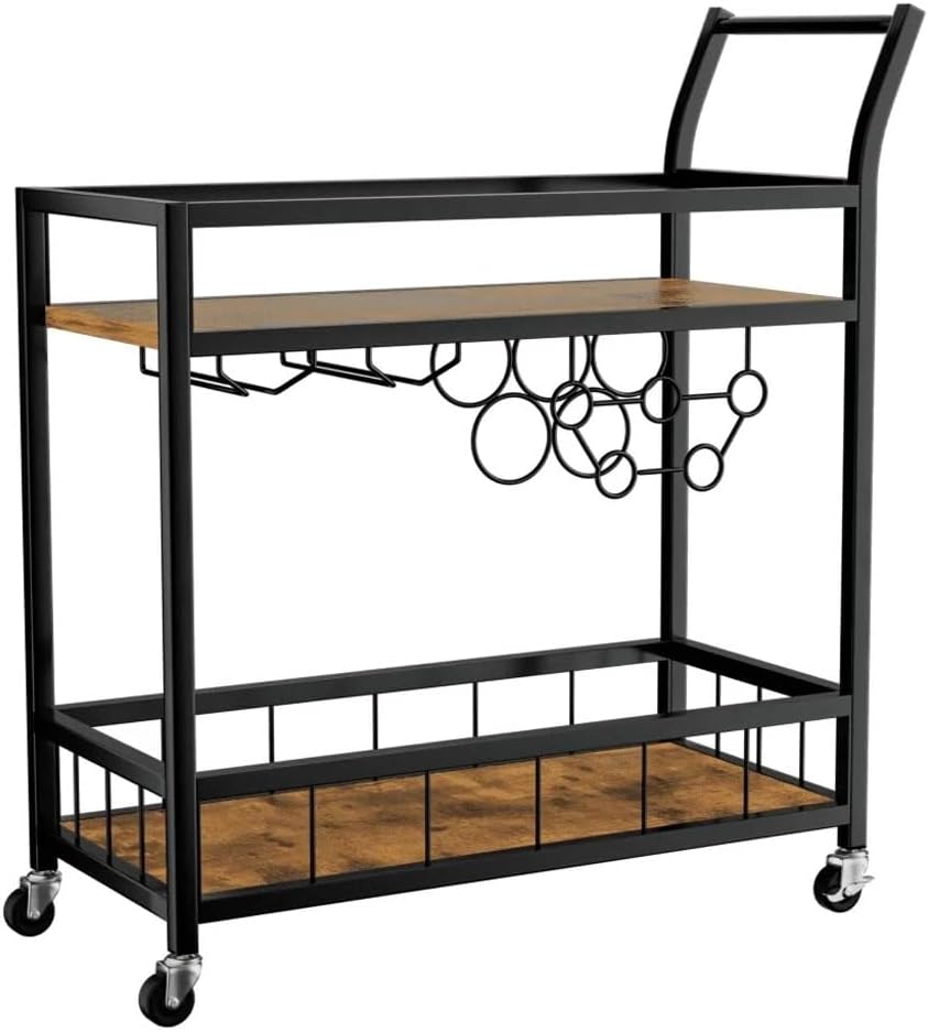 Bar Cart, Home Serving, Wine with 2 Shelves, Holders, Glass, for Kitchen Dining Room Black