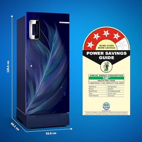 Image of Bosch 207 L, 4 star, Smart Inverter, Direct-Cool Single Door Refrigerator|18 Hrs Cooling Retention |Largest Vegetable Box |Delicate Crisper|2.5x Faster Cooling (2026 Model, Feather Blue,CST20B34AI)