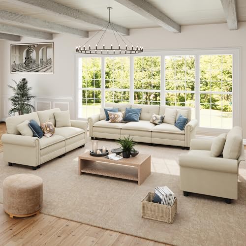 Image of SUNSHINE VALLEY 3-Piece 6-Seater Cloud Modular Sofa Set with Extra Deep & Wider Cushions, Oversized Mid-Century Modern Couch Set with Loveseat and Throw Pillows for Living Room, Chenille Beige