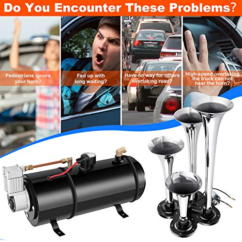 Hicient 150DB Train Air Horn Kit, 4 Trumpet Train Horn Kit with 120 PSI Air Compressor for Any 12V Vehicles Trucks Trains Boats Cars Vans (Black)