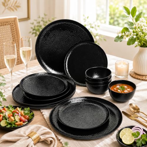 Image of Market99 Heavy-Duty Black Hammered Melamine Dinner Set - 12 Pcs | Includes 4 Dinner Plates, 4 Side Plates & 4 Soup Bowls | Matte Finish Tableware for Daily Dining, Kitchen & Elegant Mealtime Setup