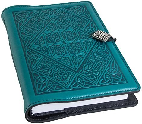 Genuine Leather Refillable Journal Cover with a Hardbound Blank Insert, 6x9 Inches, Celtic Diamond, Teal with a Pewter Button, Made in the USA by Oberon Design
