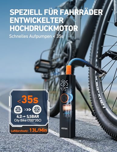AstroAI Fahrradpumpe Elektrische Luftpumpe, 150PSI Mini Tragbare Akku Fahrradpumpe alle ventile, Hochspannungsmotor Speziell für Fahrrad, Wiederaufladbare für Stadtrad, Rennrad, Mountainbike, Orange