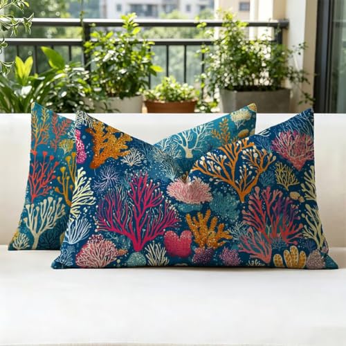 Housse de coussin extérieur imperméable en lin bleu double face premium.
