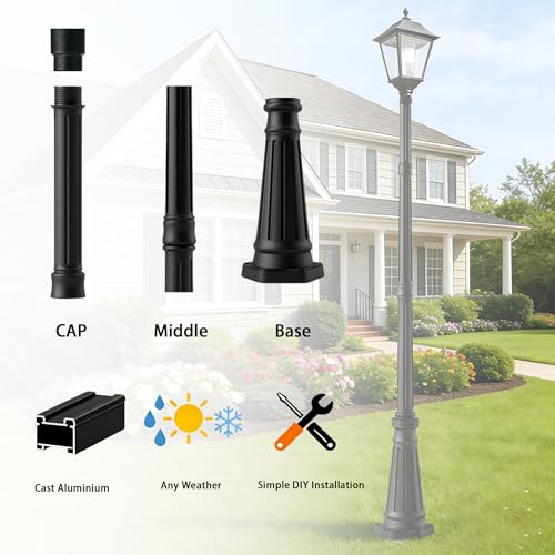79\" Black Cast Aluminum Street Light Pole, 4-Section Adjustable Lamp Post with Threaded Knob Connection & 3\" Universal Adapter Cap For Outdoor Porch, Patio, Yard, Garden, Driveway (Light Not Included)