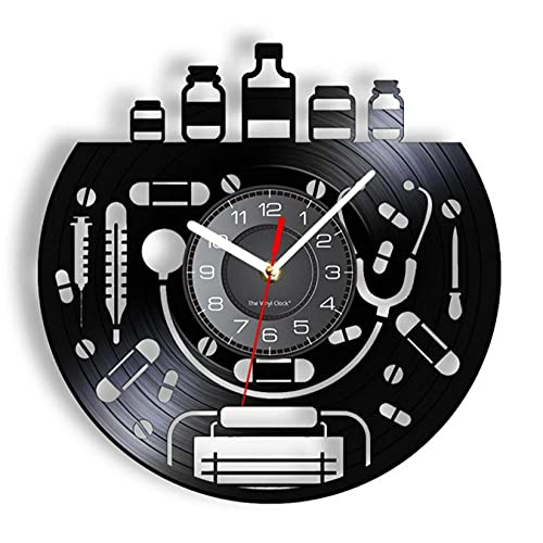 Equipo médico disco de vinilo reloj de pared doctorado médico herramientas de enfermería artesanía reloj de pared clínica médica decoración terapeuta regalo