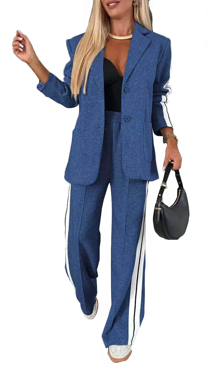 Women 2 Piece Business Outfits Sets Striped Print Blazer Jacket and Wide Leg Pants Work Casual Office Suit