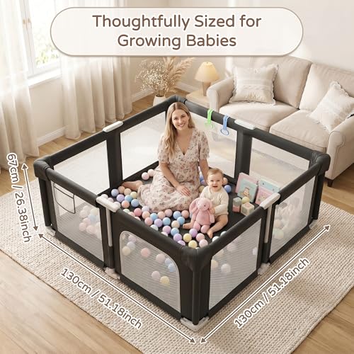 Image of Foldable Playpen for Babies and Toddlers, 51 inch Portable Play Pen with Mat and Ocean Balls, Play Yard with with Visible Mesh for Inddor and Outdoor, No Assembly Required, Black