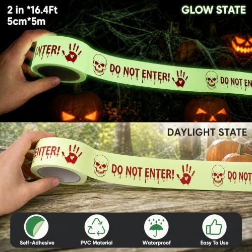 Allyix Glow in the Dark Halloween Decorations Caution Tape, 2 in x 16.4 Ft - image 2