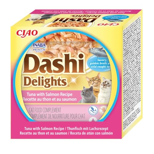 INABA Dashi Delights Gatos - Caldo Saludable con Copos de Atún y Salmón - Alto Contenido en Proteínas - Ingredientes Naturales - Sin Conservantes ni Colorantes - 420g (6X 70g)