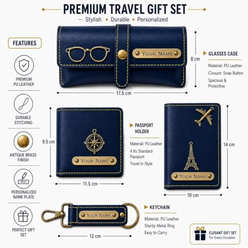Image of Customized Wallet Combo Gift Set for Men | Faux Leather Wallet, Passport Cover & Keychain with Name & Charm | Personalized Gift for Birthday, Rakhi & Anniversary (Blue wkps)