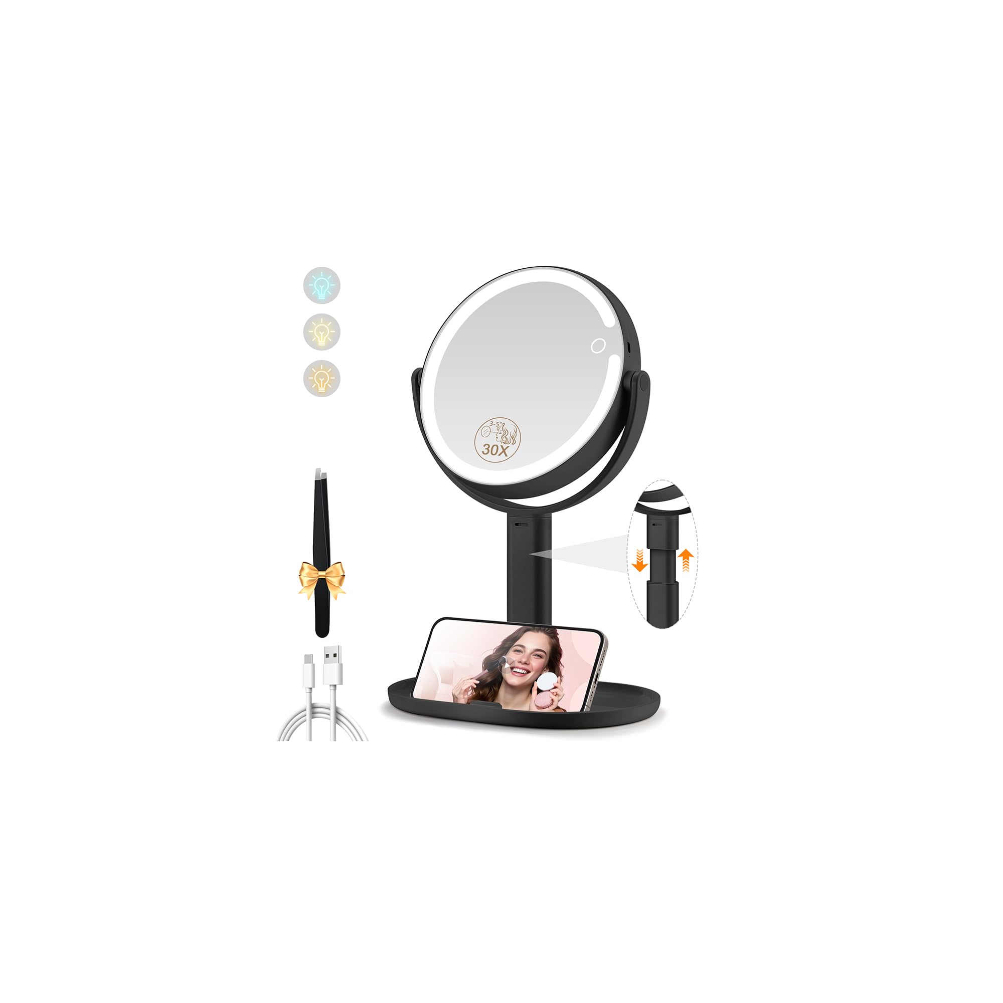 MOMOKUBA Makeup Mirror with Lights, 30X Magnifying Mirrors, Height Adjustable, Vanity Mirror with Lights Rechargeable 3 Color Modes, Double-Sided Detachable Travel Mirrors, Gift for Women, Black/30X