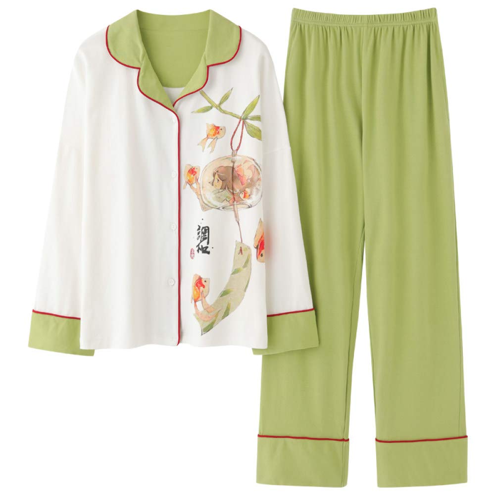 Conjunto De Pijamas De Mujer,Pijamas Suaves Y Cómodos De Algodón Ropa De Dormir Con Estampado De Peces De Colores De Estilo Chino Con Bolsillos Con Botones Conjunto De Pijamas De Manga Larga Top &