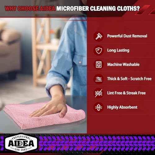 Image of AIDEA Microfiber Cleaning Cloth Pink 10PK, Microfiber Towels for Cars, Premium Car Cloths, Dusting Cloth Lint Free Cleaning Rags for SUVs, House, Kitchen, Window, Workshops,12x12 inch