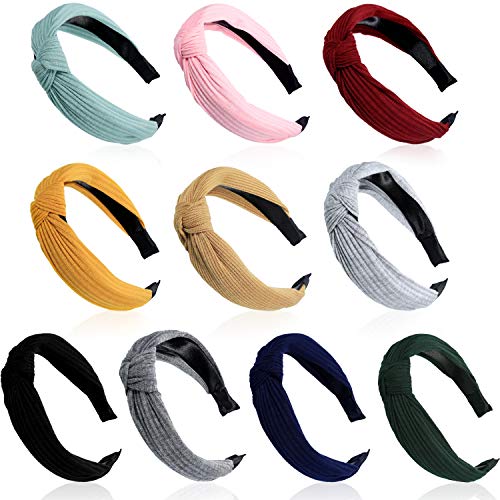 10 Pieces Knot Headband, Turban Headband Cloth Cross Wide Hair Bands Twist Hair Hoop Elastic Plain Fashion Hair Accessories for Women and Girls (Color Set 2)