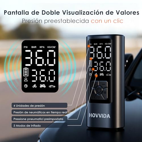 HOVVIDA Compresor Aire Portatil, Inflador Ruedas Coche 150 PSI (10,3 Bar) 5V, Compresor Aire Coche Bicicleta, Batería Recargable, con LED, para Coche, Moto, Bicicleta, Pelota - Imagen 7