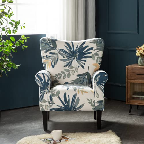 YOLENY Modern Accent Chair,High Back Armchair,Upholstered Fabric Button Single Sofa with Wooden Legs for Living Room,Bedroom,Blue Leaves - Image 2