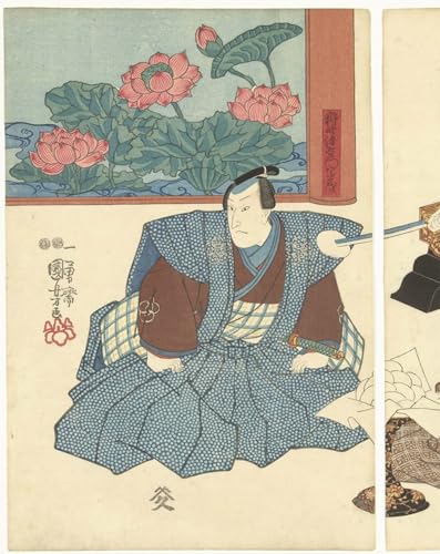 Cuadro en lienzo Tres actores en un biombo de Utagawa Kuniyoshi para pared de salon 60x90cm