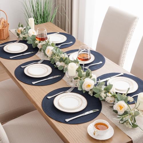 Image of SHACOS Round Placemats Set of 4 Washable 15 inch Round Table Mats Cotton Polyester Woven Braided Place Mats for Dining Table, Navy