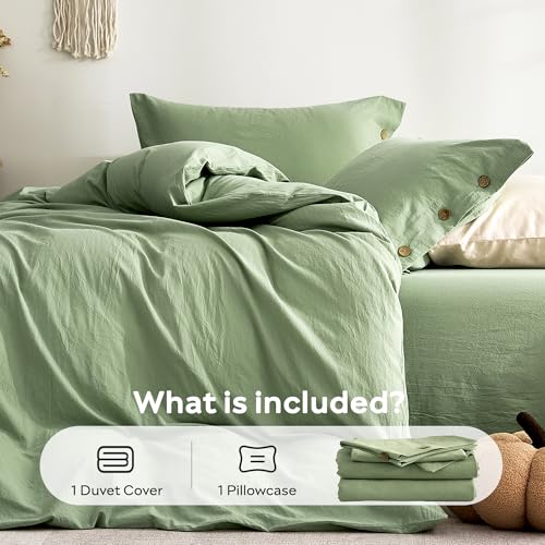 Image of JELLYMONI 100% Washed Cotton Duvet Cover Twin - Soft, Breathable Linen-Look Bedding with Natural Wrinkle Texture, Button Closure, 2-Piece Set (Mint Green, 68 inchx90 inch)