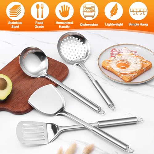 Image of Zollyss Stainless Steel Kitchen Set | 4-Piece Cooking Utensils with Ladle, Solid & Slotted Turner, Skimmer | Heat Resistant & Dishwasher Safe