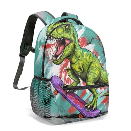 Mochila de skate dinossauro grafite arte 40,6 cm verde T-Rex Streetwear tinta spray casual mochila para homens e adultos, 01, Large, Moderno