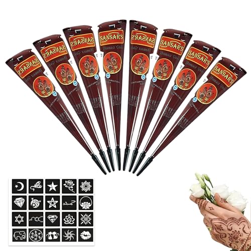 ElevaPulse 8 pezzi henné marrone lentiggini – Henné naturale rosso marrone per tatuaggi e colore, con 20 stencil per body art