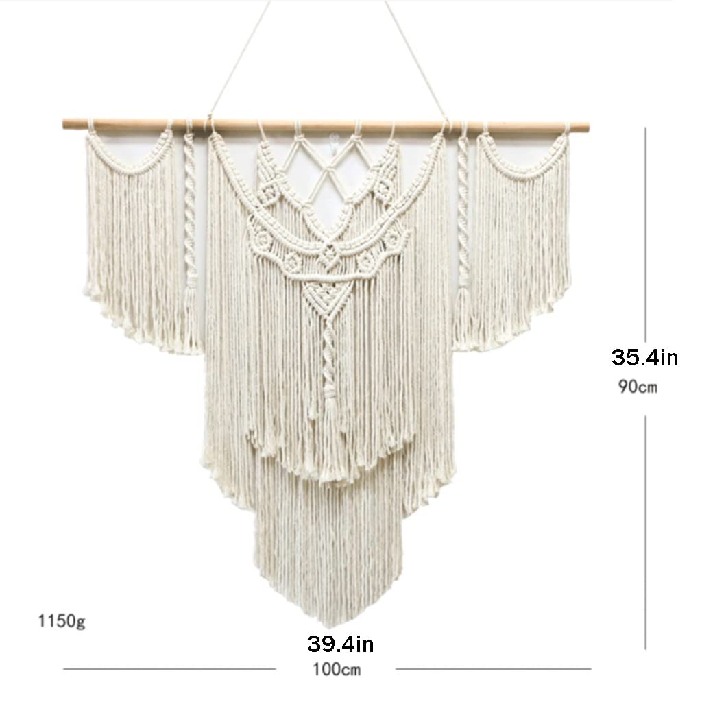 Tapices Macramé Tapiz de Pared nórdico Creativo, Colgante Decorativo de Pared Tejido a Mano con Hilo de algodón y Palo de Madera